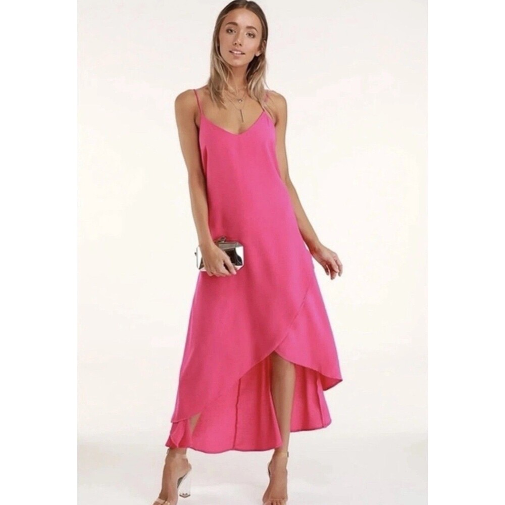 Lulu’s Sweet Surprise Bright Pink High-Low Maxi Dress Sleeveless V-Neck Size XS